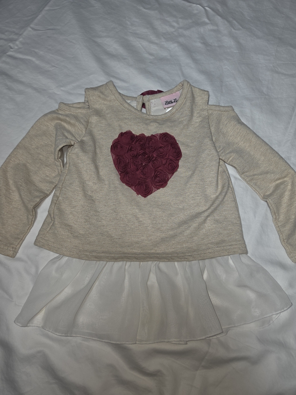 Girls Beige Little Lass Long-Sleeve Top with Burgundy Heart and Chiffon Hem